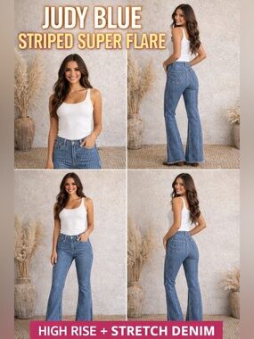 Judy Blue Striped Super Flare Jeans Size 5/27 High Rise Boho Retro Stretch Denim